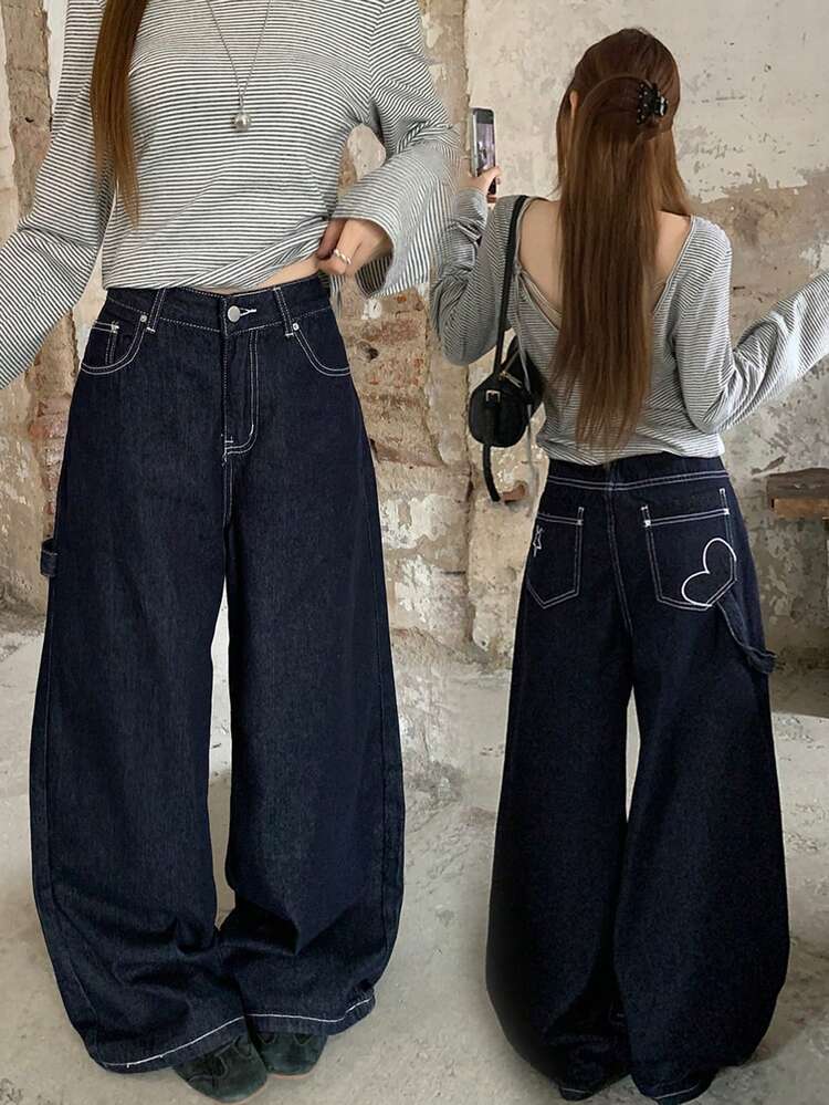 Women's Casual Heart-Shaped Korean Style Washed Girly All-Season Versatile Denim Jeans