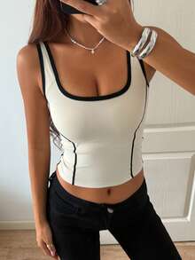 DAZY Áo ba lỗ nữ dáng ôm màu trơn, phong cách casual, mặc đi chơi mùa hè - Màu be - Xem 6