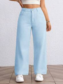 SHEIN EZwear 大尺碼女款無彈力淺藍色直筒牛仔褲 寬鬆顯瘦中腰休閒牛仔褲 女款牛仔褲 - 藍色 - 查看 1