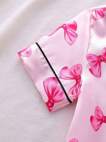 Baby Girl Pink Bow Collar Cardigan & Shorts Pajama Set, Loungewear - Pink - View 5