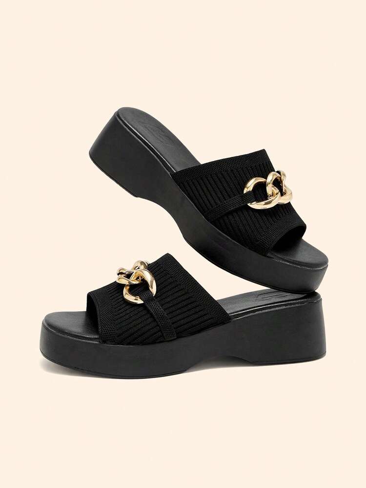 CUCCOO BASICS Women Shoes Round Toe Thick-Soled Black Knitted Metal Chain Simple And Comfortable Breathable Women's Fashion Flat-Soled Thick-Soled Sandals Slippers Daily Versatile Commuter Women's Slippers