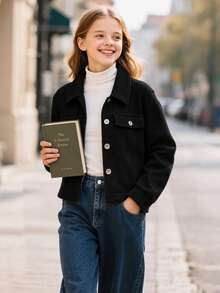 Girls' Solid Color Versatile Minimalist Casual Autumn/Winter Turn-Up Collar Jacket Coat - Black - View 4