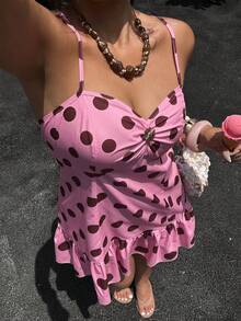 Sunnyshic Vestito a pois rosa stile francese vintage taglie forti, nuovo vestito estivo da spiaggia con arricciatura in vita e decorazione a spilla, decorazione a stelle marine, stile casual vacanziero, vestito corto a pois neri su base rosa taglie forti di moda - Rosa - Visualizzare 4