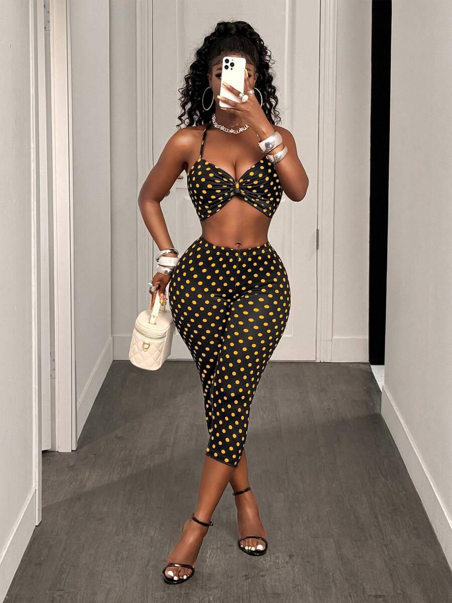 BamGleam 波點女款 2 件套度假套裝,掛脖扭轉前襟短版背心上衣搭配高腰修身七分褲 - 彩色 - 查看 1