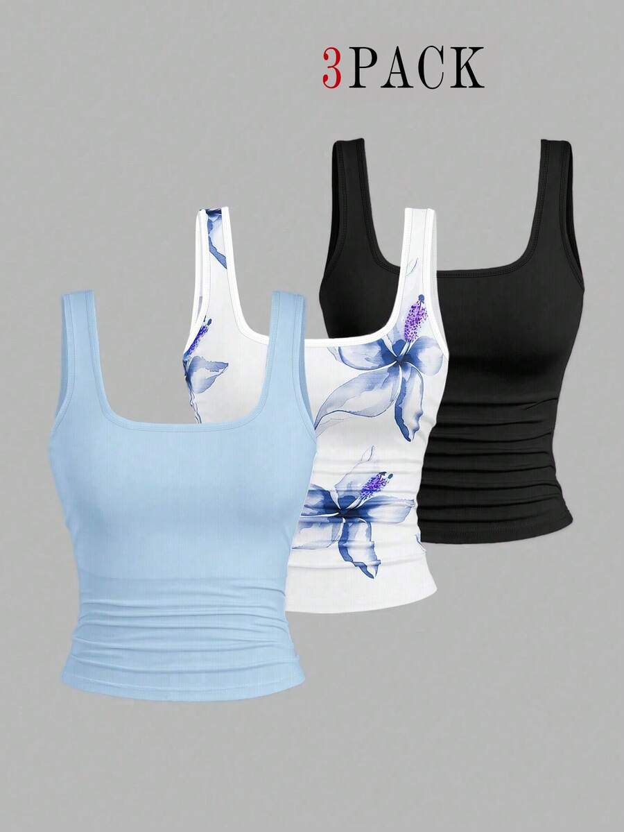EMERY ROSE 3pcs Plus Size Women's Casual Solid Color & Full Printed Pattern Sleeveless Vest Set, Summer - Multicolor - View 1
