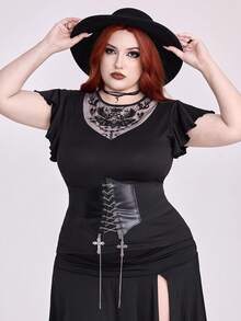 ROMWE Plus Size Women Gothic Botanical Moth Moon Sun Mushroom Print Mesh Patchwork Embroidered Deep V-Neck Ruffle Sleeve T-Shirt - Black - View 2