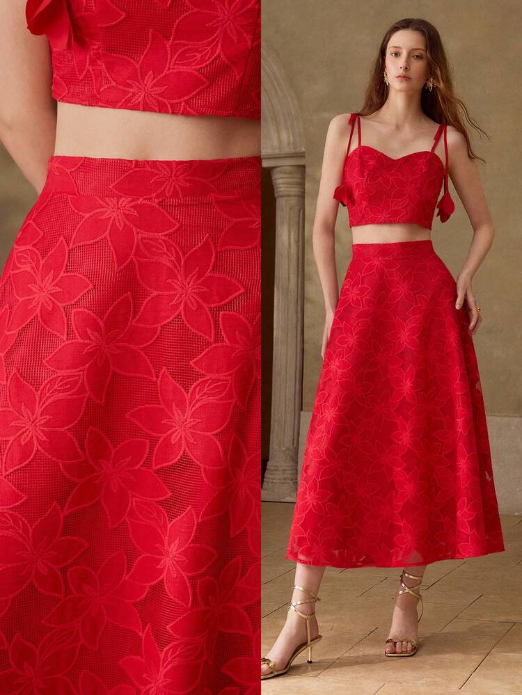 RED EMBROIDERED ELEGANT & CASUAL VACATION SKIRT