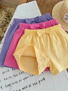 SHEIN LMoss Kids LMoss Young Girl's 3pcs Casual Summer Set: Woven Soft Dual-Layered Gauze Ruffle Shorts With Elastic Waist, Solid Color, Versatile And Breezy - Multicolor - View 7