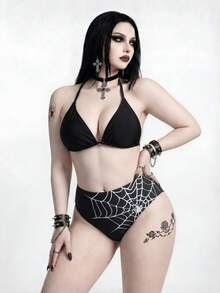 ROMWE Goth 2026新款哥德風深色蜘蛛網印花掛脖比基尼套裝 大尺碼女款 - 黑色 - 查看 1
