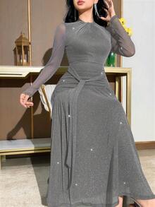 Modelyn 女款亮面長袖腰部繫帶優雅中長洋裝 - 灰色 - 查看 8