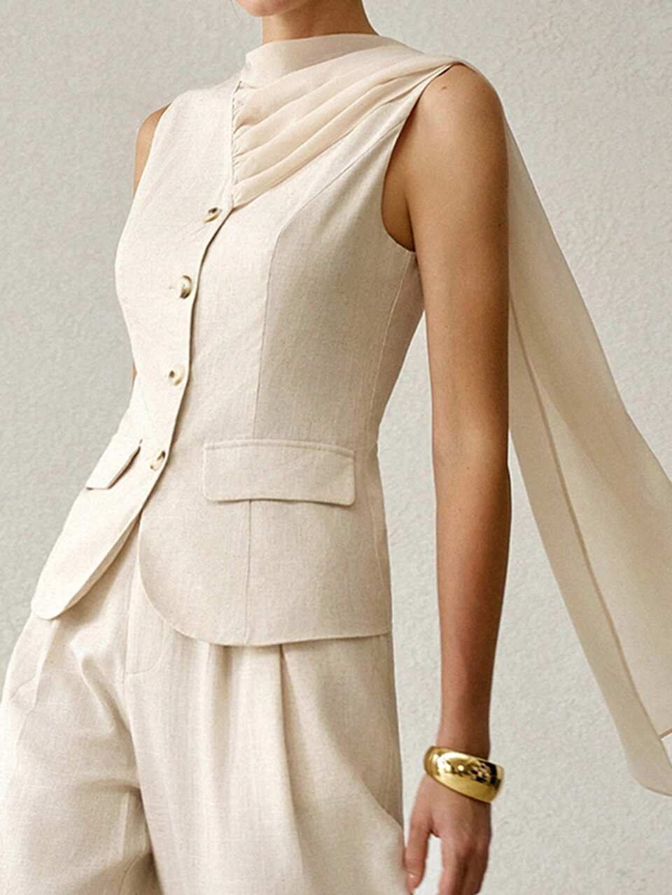 WOMEN'S SPRING/SUMMER LINEN PATCHWORK FLOWY CHIFFON WAIST-CINCHED PROFESSIONAL COMMUTER STYLE LIGHTWEIGHT BLAZER VEST
