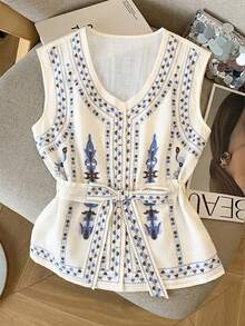 Selianne Women's Sleeveless Waist-Cinched Bow Print Blouse - Multicolor - View 3