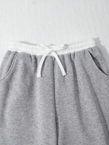 SHEIN 青少年女孩花卉灰色與白色對比腰帶休閒街頭風極簡主義運動長褲 - 彩色 - 查看 5