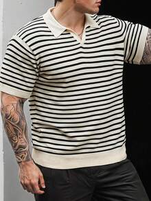 DAZY Summer Short Sleeve Striped Black And White Men's Plus Size Knit Top - Multicolor - View 4