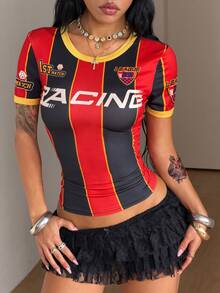 Coolane Women's Summer Streetwear Going Out Vintage Number Pattern Striped Graphics Stretchy Comfortable Football Jersey T-Shirt - Multicolor - View 4