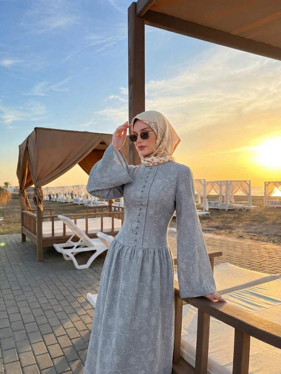 Solavon Women's Floral Embroidery Round Neck Long Sleeve Button Design Elegant Midi Dress