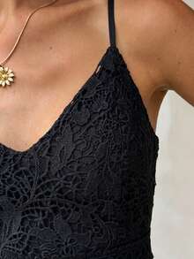 MainGRL 2026 Spring/Summer New Black Flower Lace Fitted Waist Semi-Sheer Mini Dress, Suitable For Vacation, Outing, Party Night Out, Casual Sexy Strolling - Black - View 3