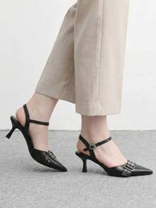 CUCCOO BIZCHIC Elegant Black Slingback Pumps For Women With Pointed Toe Buckle Accent And Kitten Heel - Black - View 4