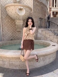 SHEIN MOD Women's Brown Sequin Mini Skirt With Tie-Up Low Waist,Side Slit,Summer 70s Party Bling Rave Festival Halloween Goth Western Style Drawstring Skirt - Coffee Brown - View 4