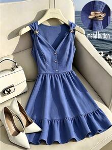 GlowEve CURVE Plus Size Women's Metal Button Design Casual Elegant Sleeveless Dress Vacation Navy Blue Summer - Blue - View 1