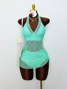 Swim Lushoire Summer 2026 Spring/Summer European And American New Pure Desire Style Green Sequin Hollow Lace One-Piece Swimsuit Swim Dress For Women Halter Neck - Mint Green - View 3