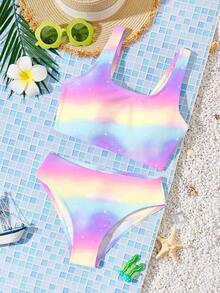 Setelan Baju Renang Dua Potong Bikini dan Bawahan Segitiga Motif Tie-Dye untuk Anak Perempuan, Cocok untuk Liburan Musim Panas - MultiWarna - View 3