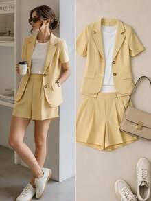 Franclia Plus Size Women's Minimalist New Style Light Yellow Short Sleeve Cardigan Top And Loose Shorts 2-Piece Set, Spring/Summer - Light Yellow - View 7