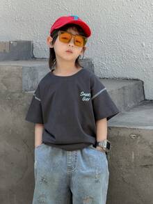 DAZY Loose Graphic Print Short Sleeve Casual T-Shirt For Young Boys Summer - Dark Grey - View 6