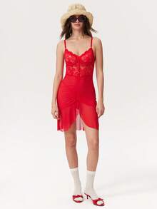 Elorette 2pcs/Set Women Sexy Lace Contrast Mesh Lingerie Set, With Underwire Bra And G-String - Red - View 2