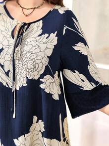 Lacomfia Women's Round Neck 3/4 Sleeve Chiffon Pom Pom Cutout Patchwork Faux Linen Comfortable Fashion Print Loose Casual Long Dress - Multicolor - View 5