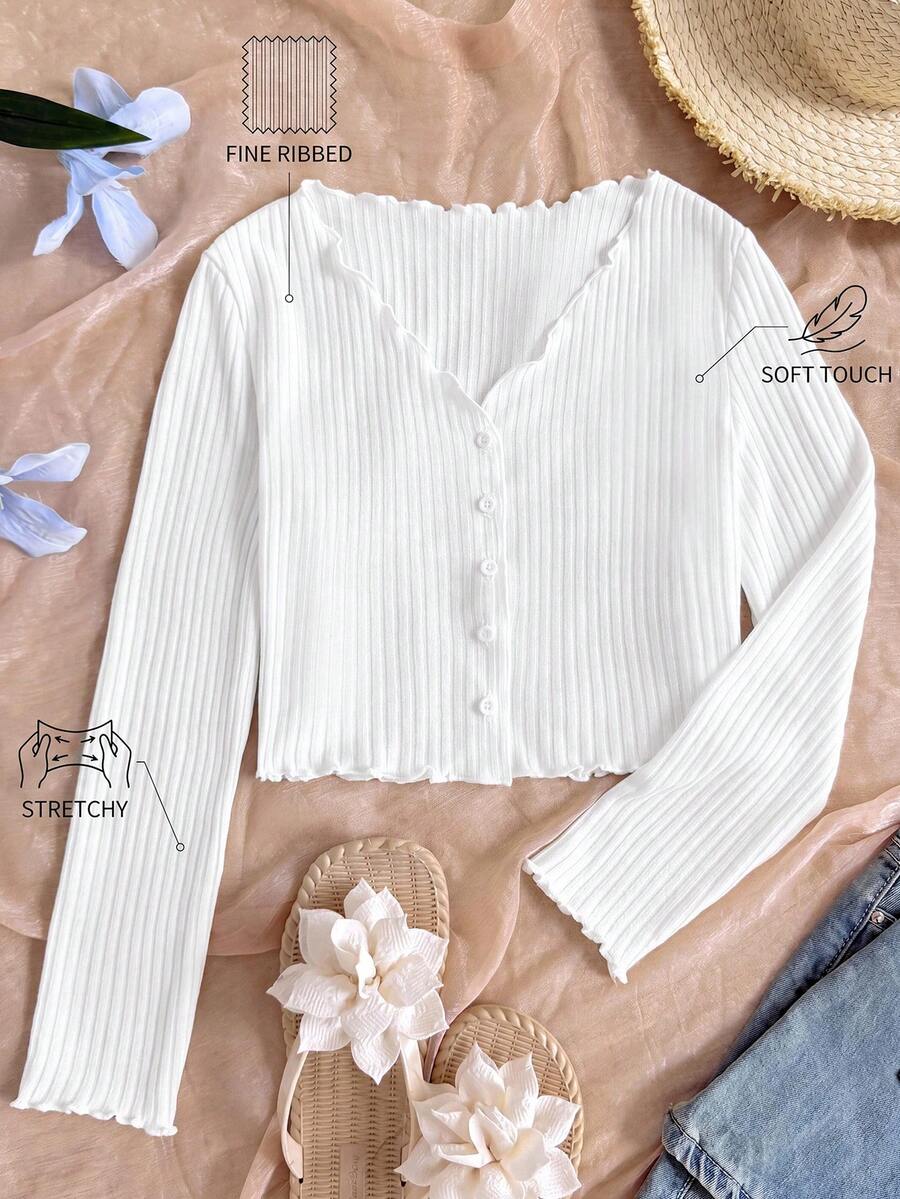 SHEIN 青少年女孩秋冬百搭休闲时尚罗纹 V 领荷叶边纽扣白色开衫毛衣夹克,适合返校季和母婴套装 - 白色 - 查看 1