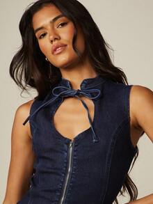 MISSGUIDED Fitted Keyhole Stretch Denim Corset Style Sleeveless Top With Zipper Closure And Tie Detail - Dark Wash - View 4