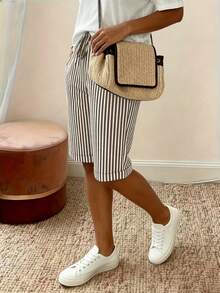 EMERY ROSE Black And White Vertical Striped Drawstring Waist Wide Leg Knee Length Shorts - Khaki - View 3