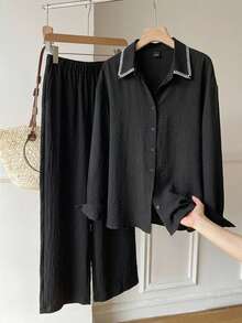 SHEIN EZwear 女款春夏時尚套裝 刺繡飾邊領襯衫與長褲 透氣混搭 通勤上班適用 - 黑色 - 查看 4