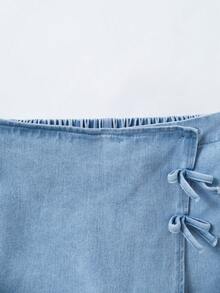 SHEIN 青少年女孩牛仔裙褲，淺藍色水洗牛仔裙，時尚青少年風格不對稱蝴蝶結可愛牛仔裙，百搭日常甜美設計，適合日常出遊、玩耍、購物、聚會、上學 - 淺色水洗藍 - 查看 5