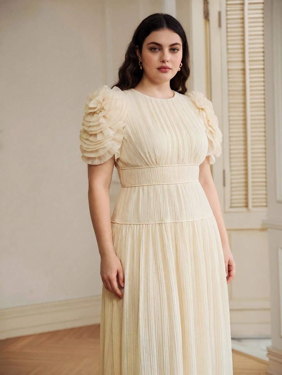 Elegant Ruched Sleeve 3D Floral Applique Short Sleeve Summer New Style Plus Size Women's Dress