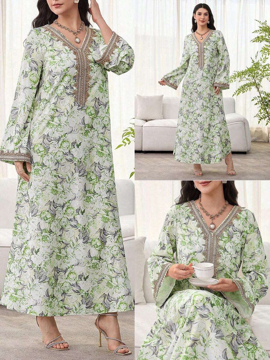 Al Najma 女款白色鉤編拼接長袖洋裝,正式洗禮賓客穿著,冬季端莊休閒風 - 綠色 - 查看 1