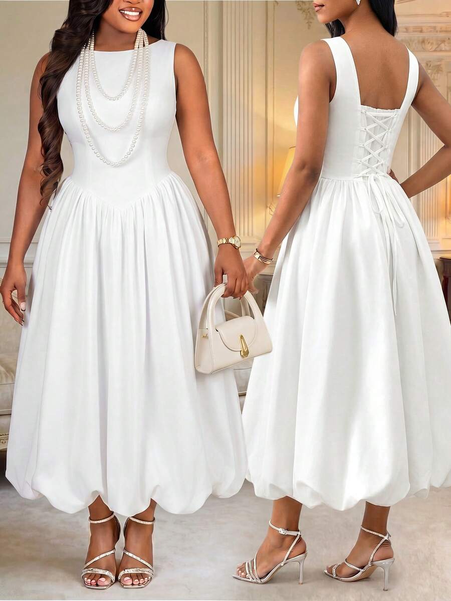 SHEIN Lady Đầm midi xếp ly màu trơn thanh lịch dành cho nữ, thích hợp dự tiệc. - trắng - Xem 1