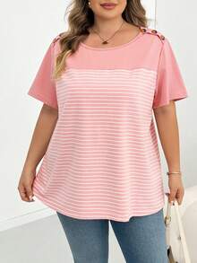 SHEIN CURVE+ 大尺碼女款撞色條紋拼接T恤 - 粉色 - 查看 6