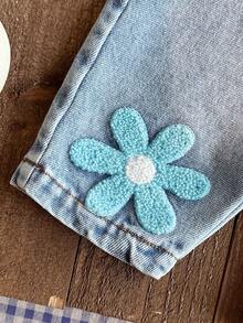 SHEIN Vintaside Kids 嬰幼兒男女通用 0-3 歲 春/秋 紫色甜美風花卉刺繡裝飾牛仔長褲、圓領長袖套頭上衣搭配牛仔吊帶褲套裝，適合外出、購物與休閒穿著 - 藍色 - 查看 5