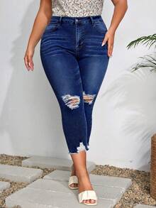 EMERY ROSE Plus Size Casual Distressed Denim Cropped Pants - Dark Wash - View 1