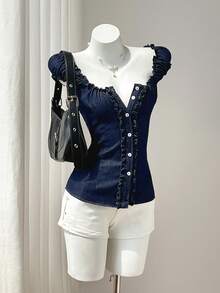 Elamini Women's Summer Casual Front Button Cross Tie Waist Denim Top - Dark Wash - View 4