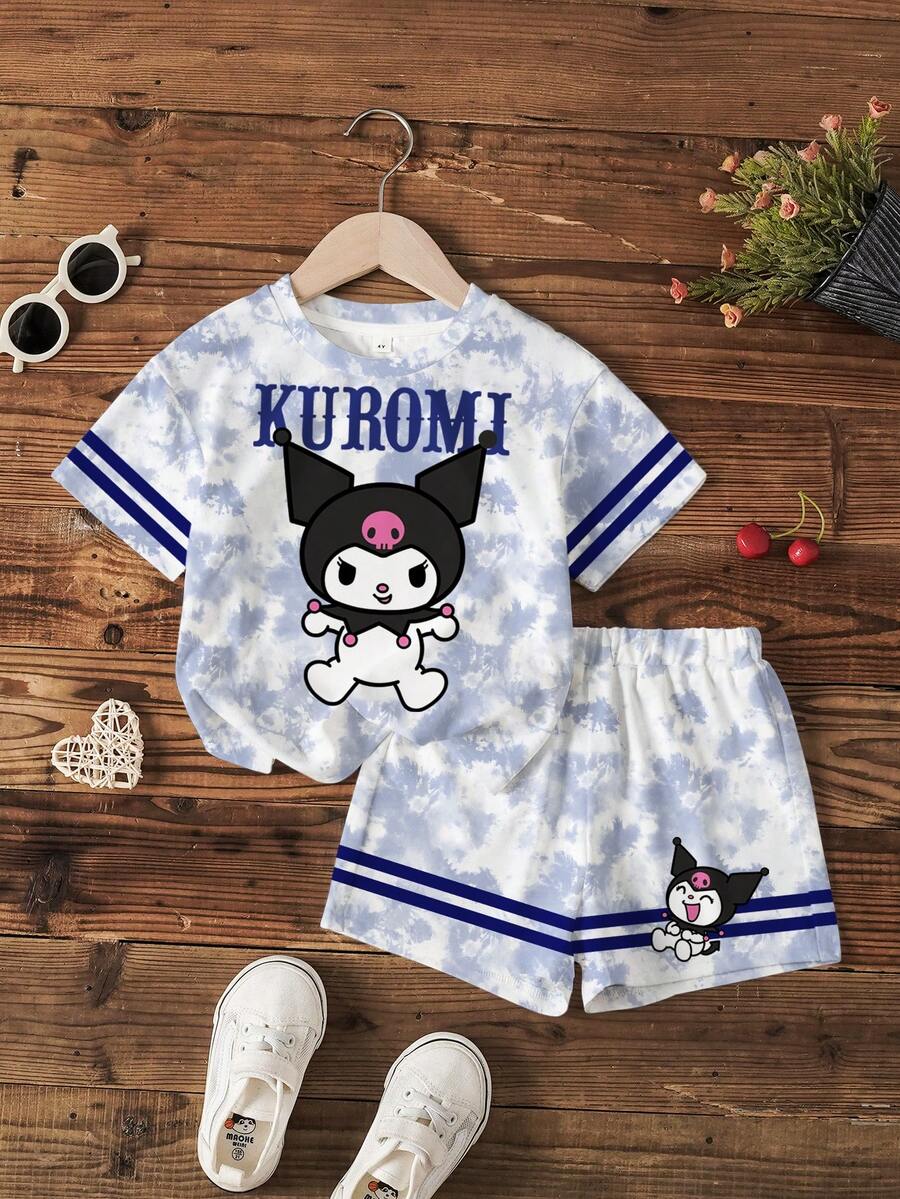 HELLO KITTY AND FRIENDS | SHEIN 少女圓領字母卡通印花短袖T恤與短褲休閒日常套裝 - 白色 - 查看 1