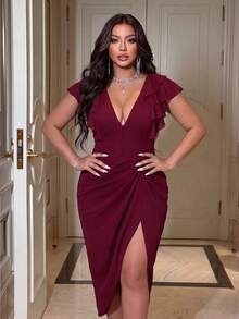 NU&NOW Gaun Pesta Musim Panas Elegan Burgundy untuk Wanita Ukuran Plus, Gaun Midi Ramping dengan Leher V, Lengan Berkerut, Tali Serut, dan Belahan Samping, Cocok untuk Acara Malam Hari - Burgundy - View 5