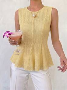 Modelyn Women's Spring/Summer Pale Yellow Woven Lace Sleeveless Waist-Cinching A-Line Commuter Frenchy Elegant Casual Tank Top Brunch Date - Yellow - View 6