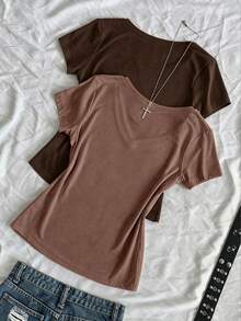 Franclia Kaos Ukuran Besar Leher V Lengan Pendek dengan Pinggang yang Dikencangkan - Coklat - View 2