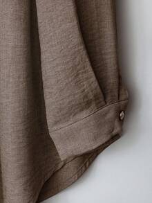 EMERY ROSE Plus Size Women's Solid Color Linen Blend Round Neck Lace Patchwork Full Button Front Mid Sleeve Casual Comfortable Regular Fit Shirt + Elastic Waist Loose Long Pants 2pcs Set - Brown - View 6