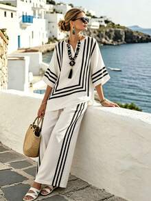 SHEIN Holidaya 2026 Summer NewLinen Black And White Checkered Blouse, Loose V-Neck Mid-Sleeve Asymmetrical Hem Vacation Style Linen Shirt For Women Sexy Tropical - Apricot - View 4