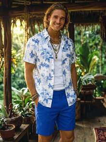 Alderstead Conjunto de camisa y pantalones cortos con estampado floral para hombre, adecuado para vacaciones en la isla, resort de Hawái - Multicolor - Ver 1
