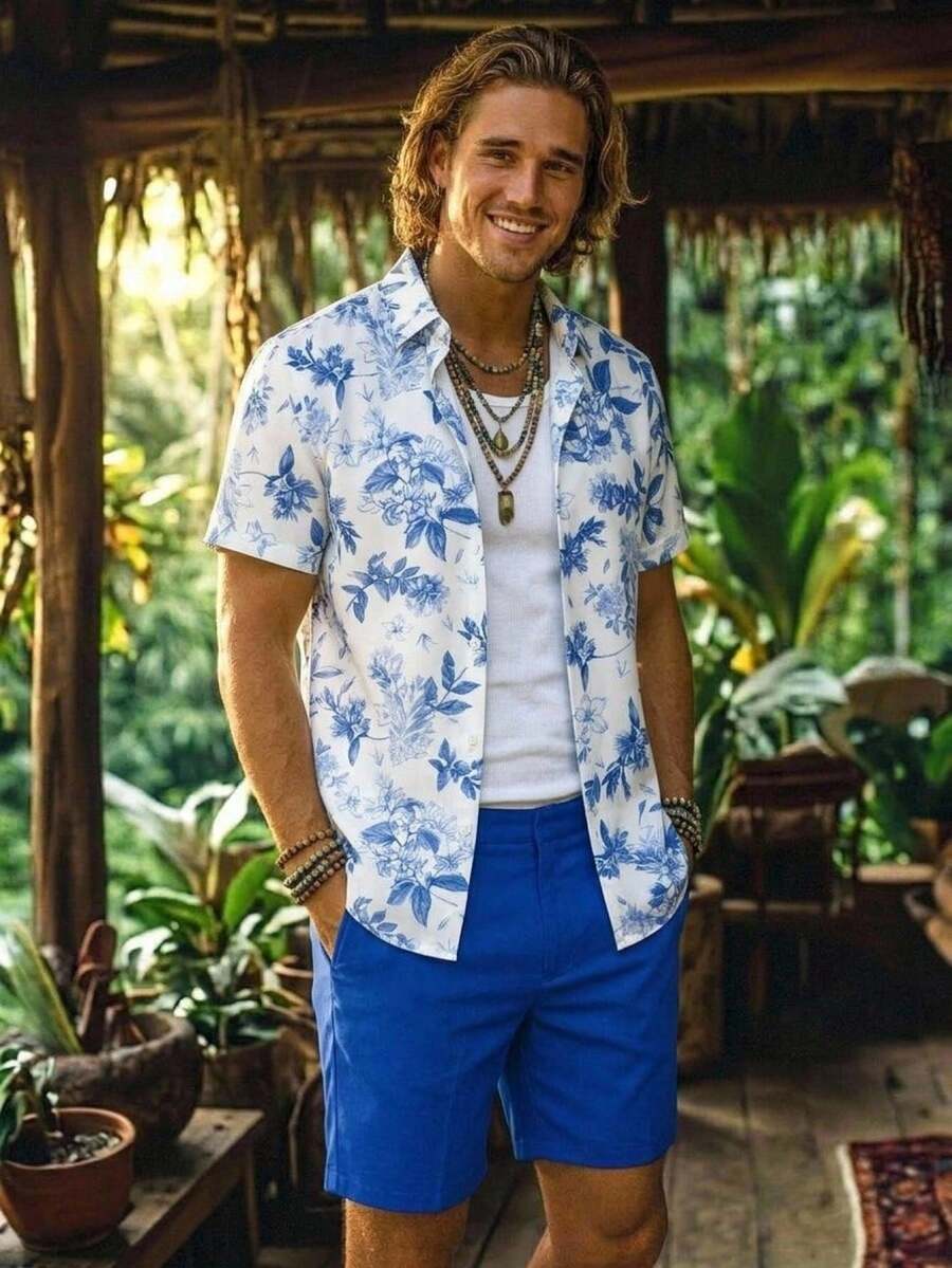Alderstead Conjunto de camisa y pantalones cortos con estampado floral para hombre, adecuado para vacaciones en la isla, resort de Hawái - Multicolor - Ver 1